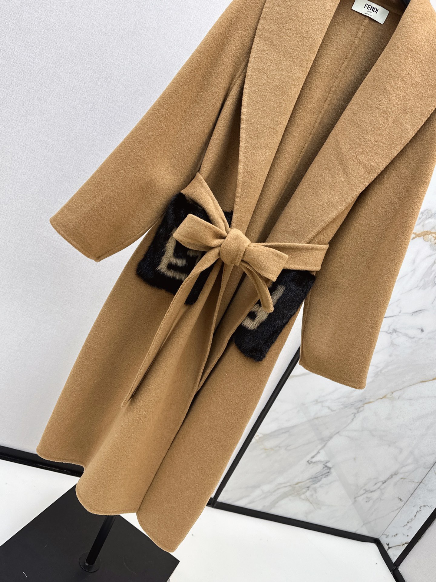 Fen*di Camel Tie-Waist Wool Coat