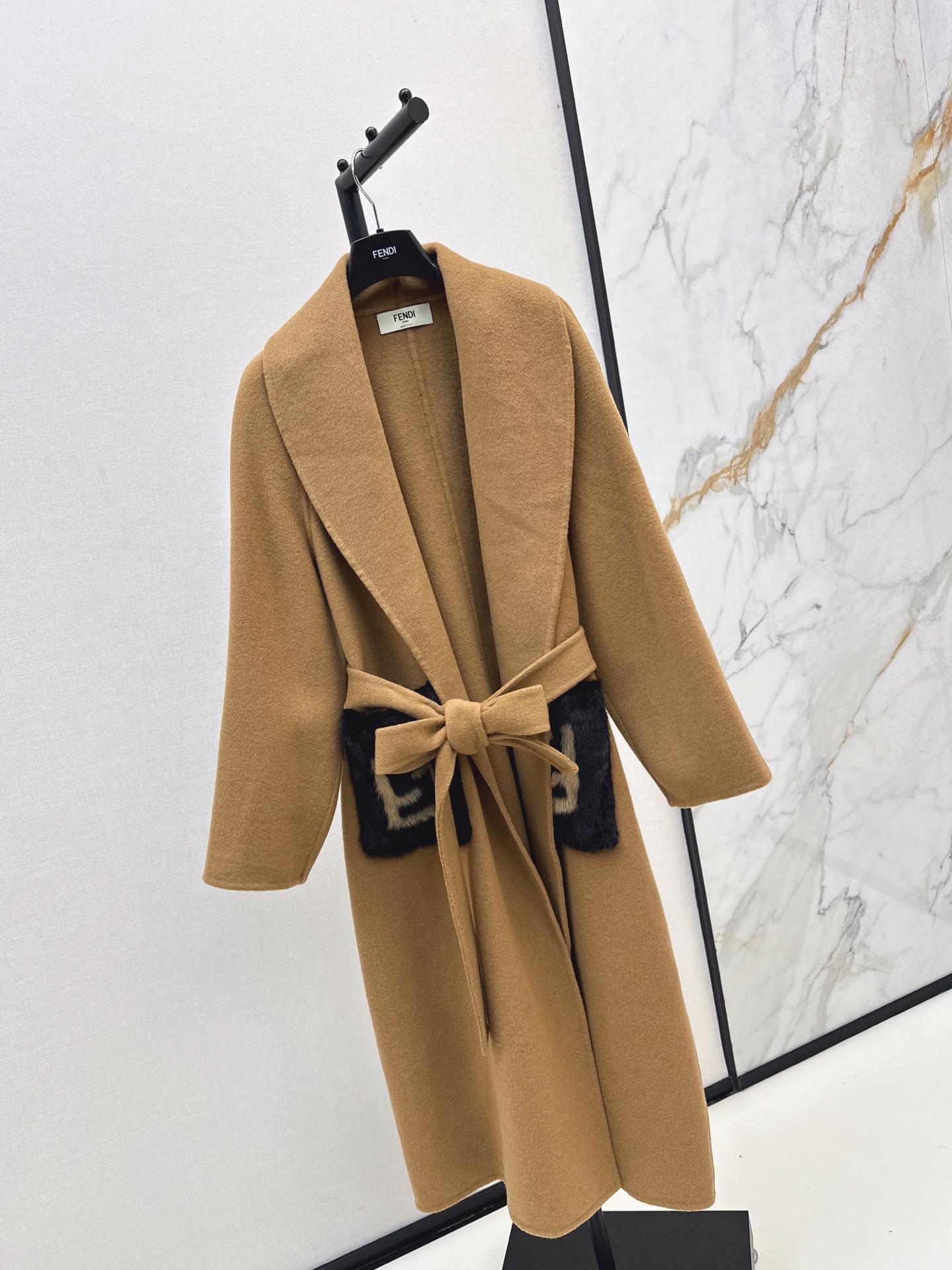 Fen*di Camel Tie-Waist Wool Coat