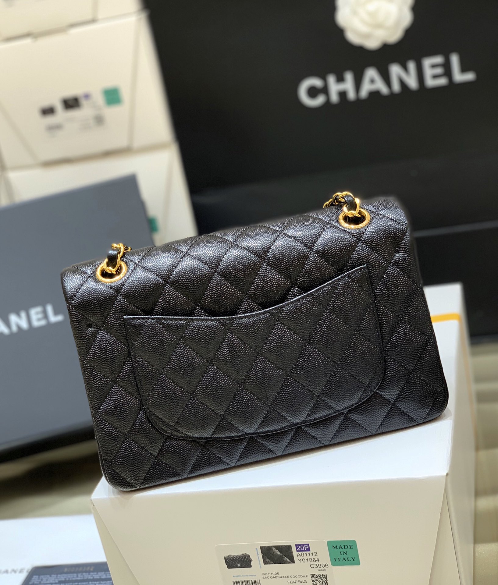 Ch@nel Flap Bag-（Black Inside）Caviar-23CM