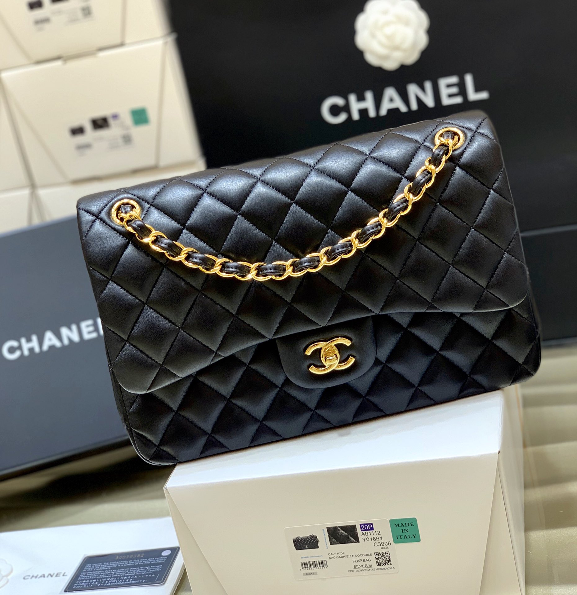 Ch@nel Flap Bag-Lambskin-Gold-30CM