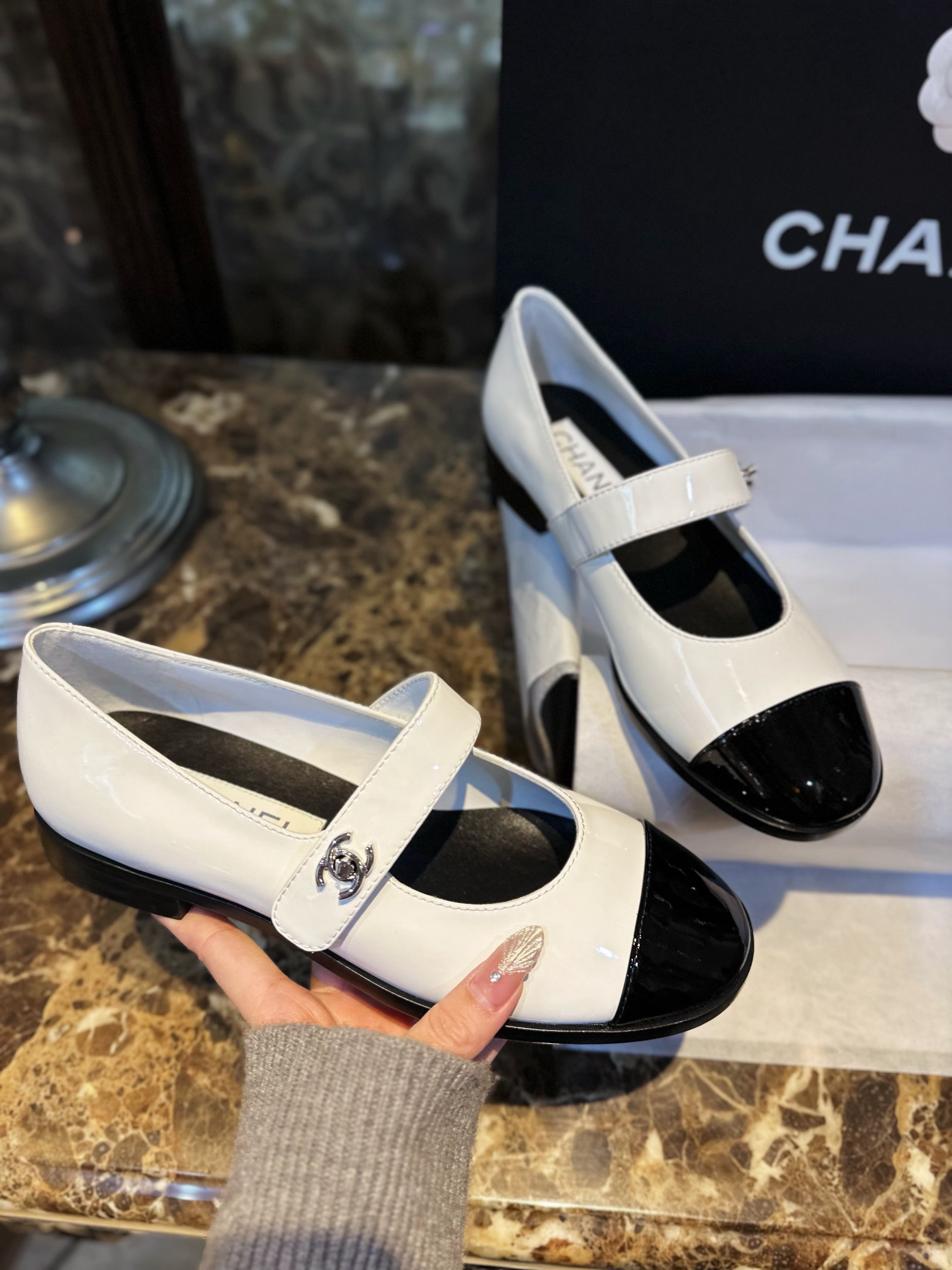 Chan*el Patent Calfskin Mary Janes Flats