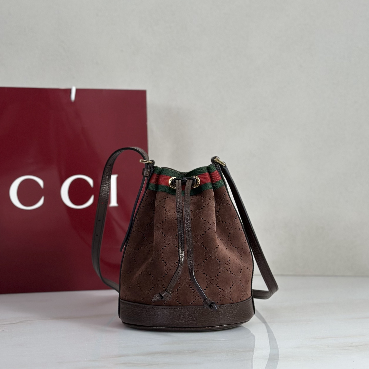 G*ucci Venice Small Bucket Bag In Brown GG Leather-15.5*19.5*10.5CM