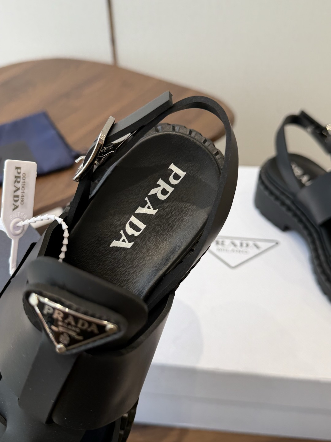 Pra*a Black Leather Sandals-5.5CM