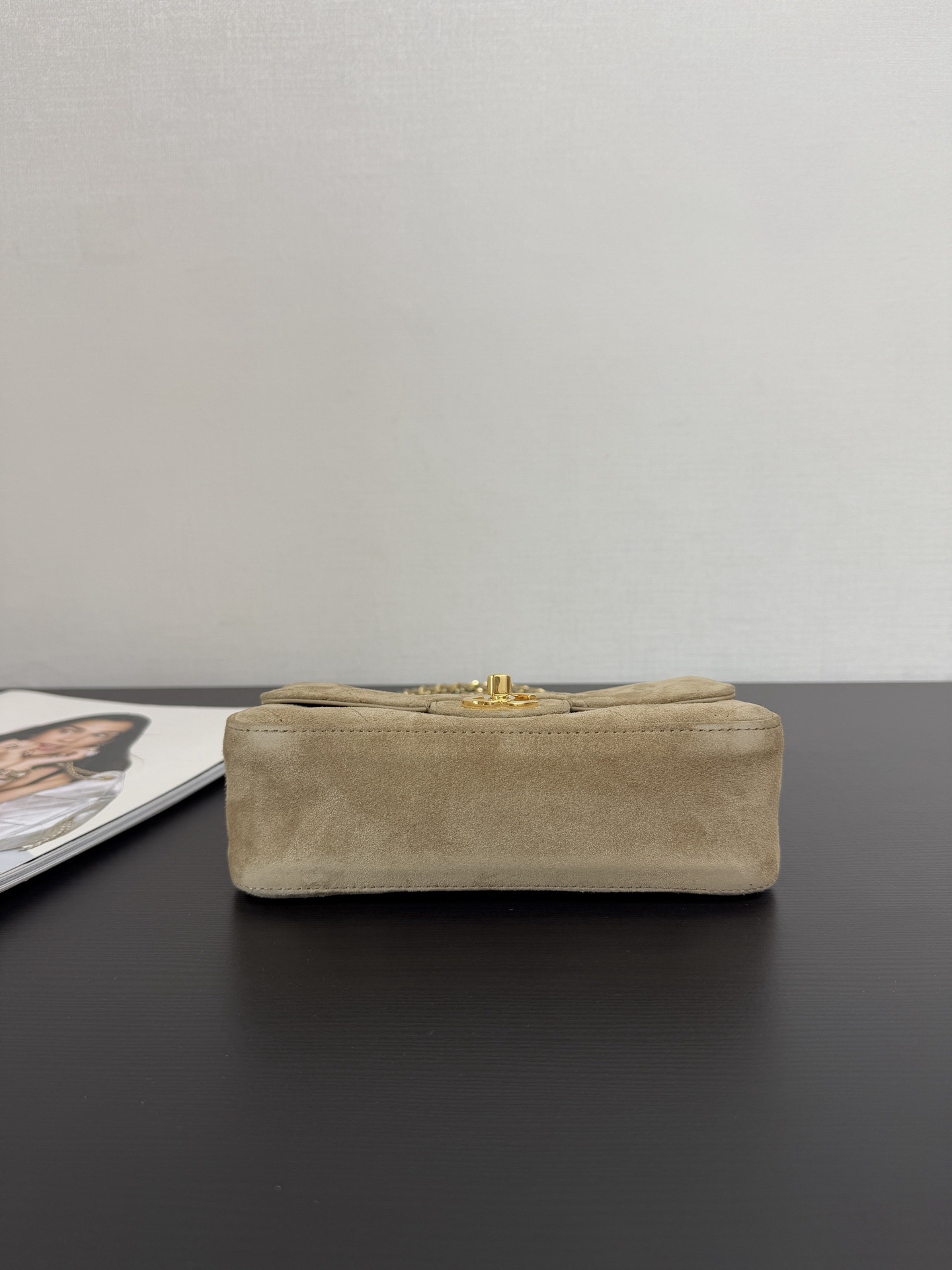 Ch@nel Suede Calfskin Mini Flap Bag In Dark Beige With Gold-tone-13*20*6CM