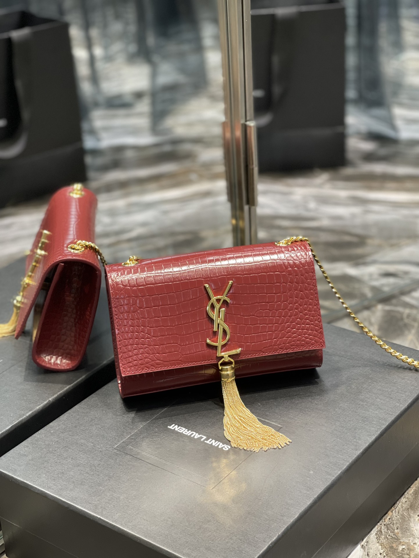 Y*L kate medium with tassle in crocodile leather-20x13.5x5.5ccm