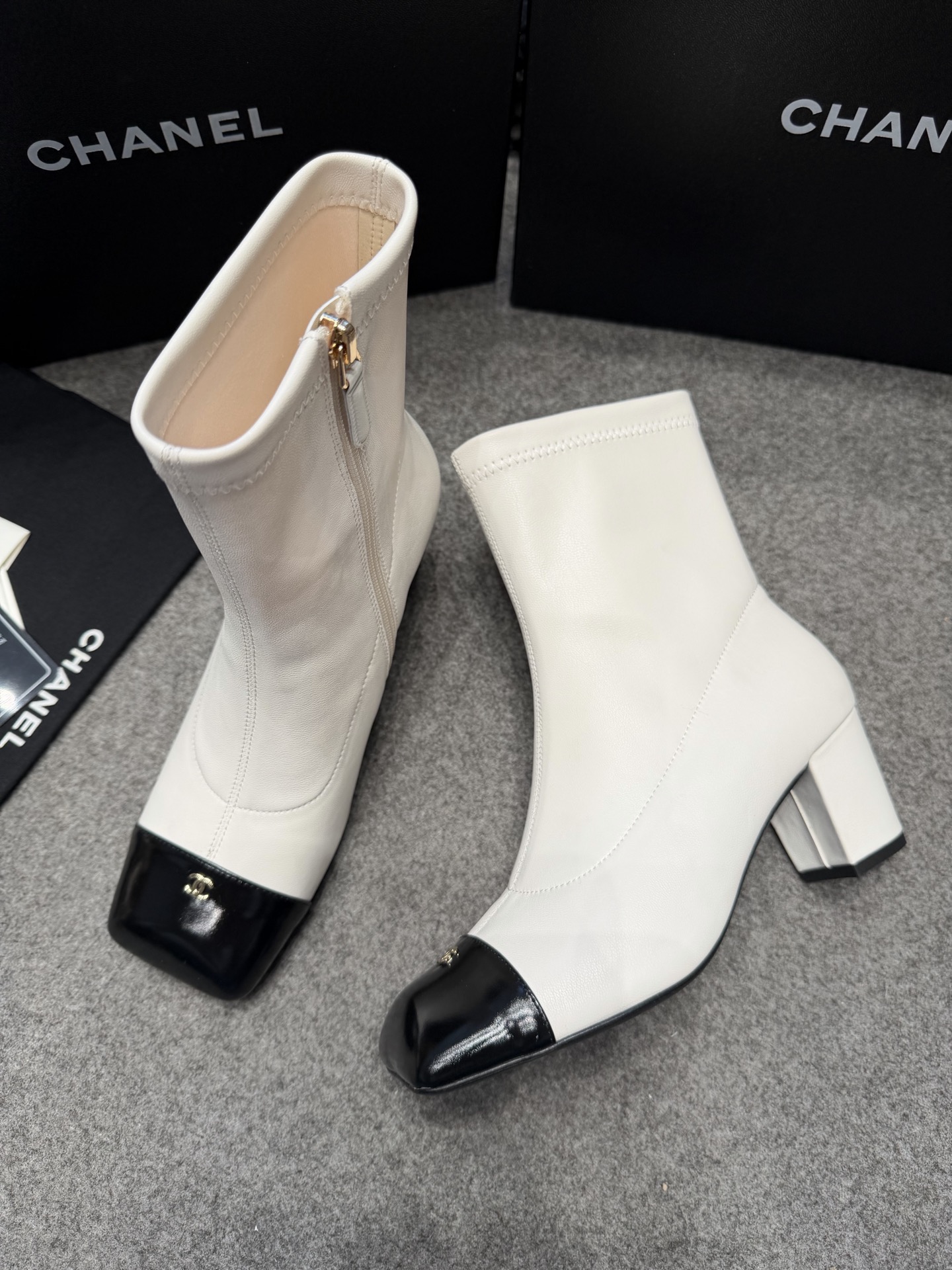 Ch@nel Stretch Lambskin Patent Boots