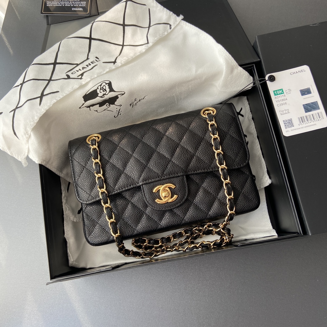Ch@nel Flap Bag-（Burgundy Inside）Caviar-23CM