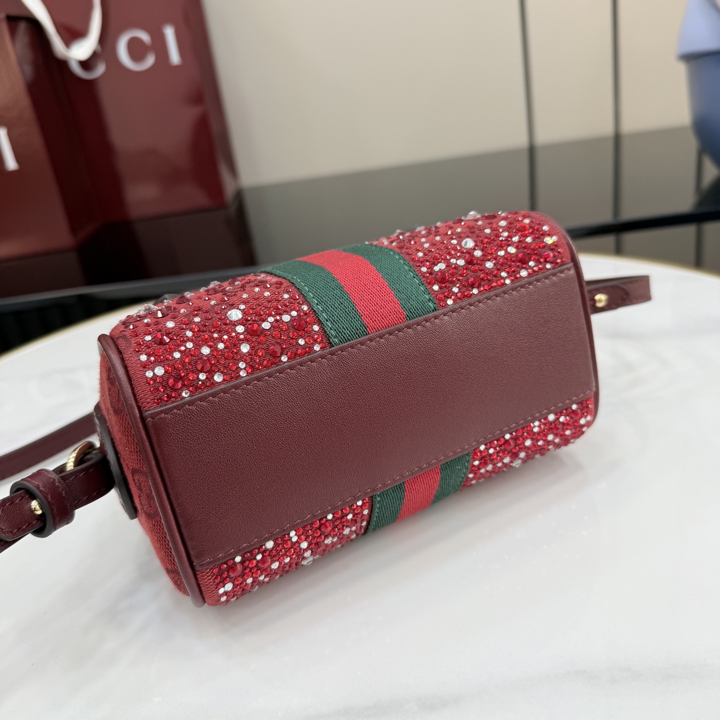 Gv*c* Ophidia Crystals Small Boston Bag In Rosso Ancora Red GG -16.5*10*9CM
