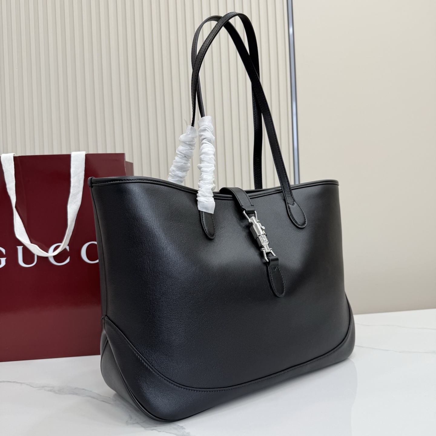 Guc*ci Jackie Medium Tote Bag In Black Leather-45*28*12CM