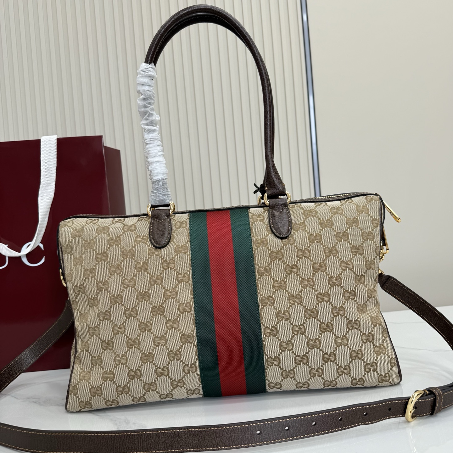 Gv*c* Borsetto Large Boston Bag In Sand And Brown GG canvas-38.5*22.5*13CM