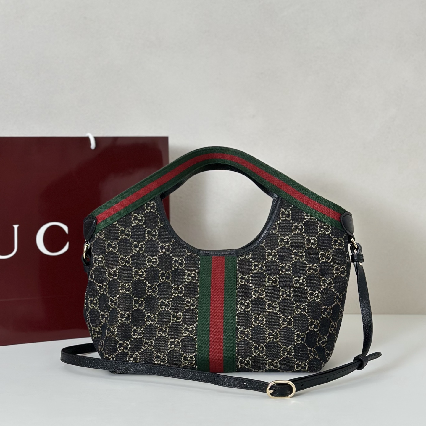 Gv*c*i Denim GG Monogram Web Small Giglio Tote Black-25*20*15CM
