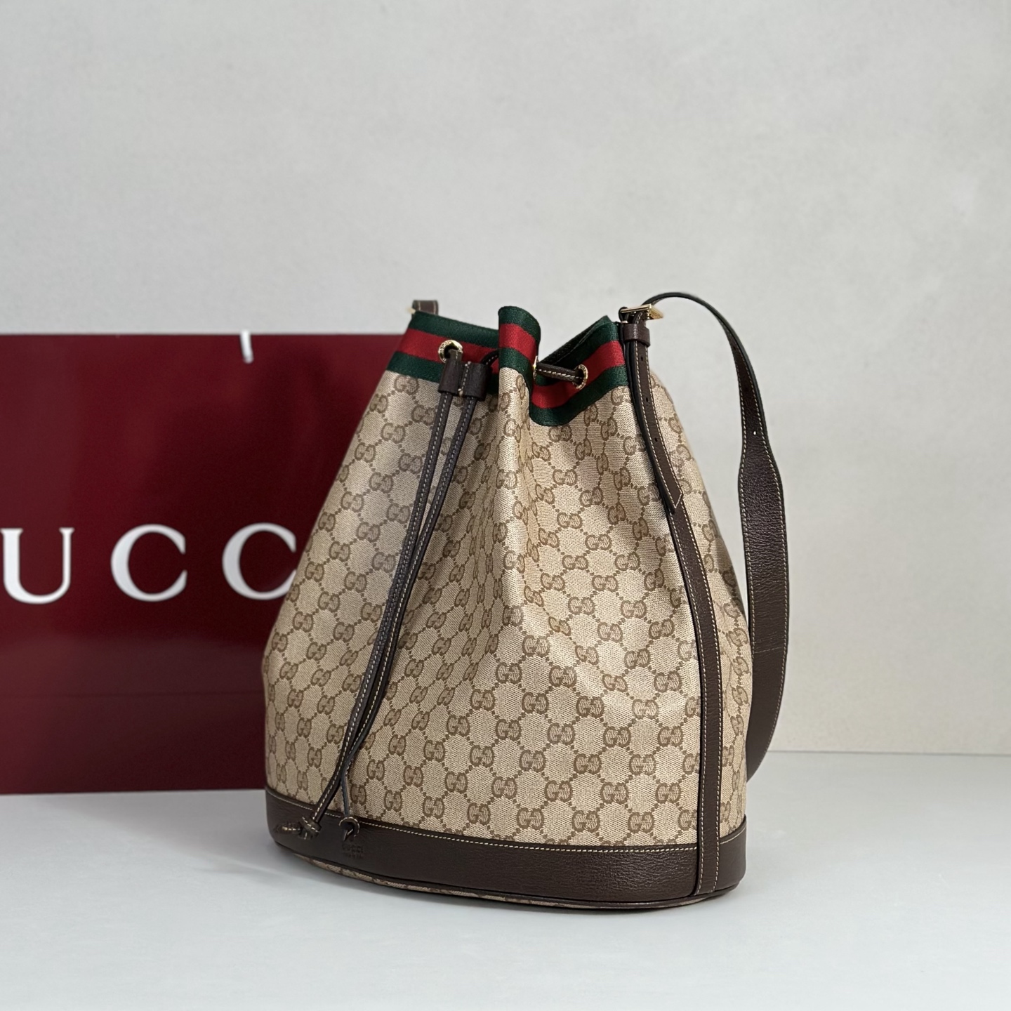 Guc*ci Venice Large Bucket Bag In Sand And Brown GG Canvas-33*31*21.6CM